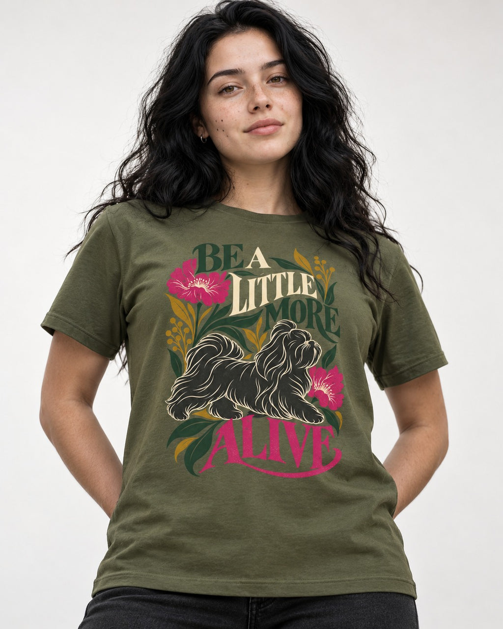 Shih Tzu Be a Little More Alive Botanical Graphic T-Shirt in Heather Military Green, worn by a model