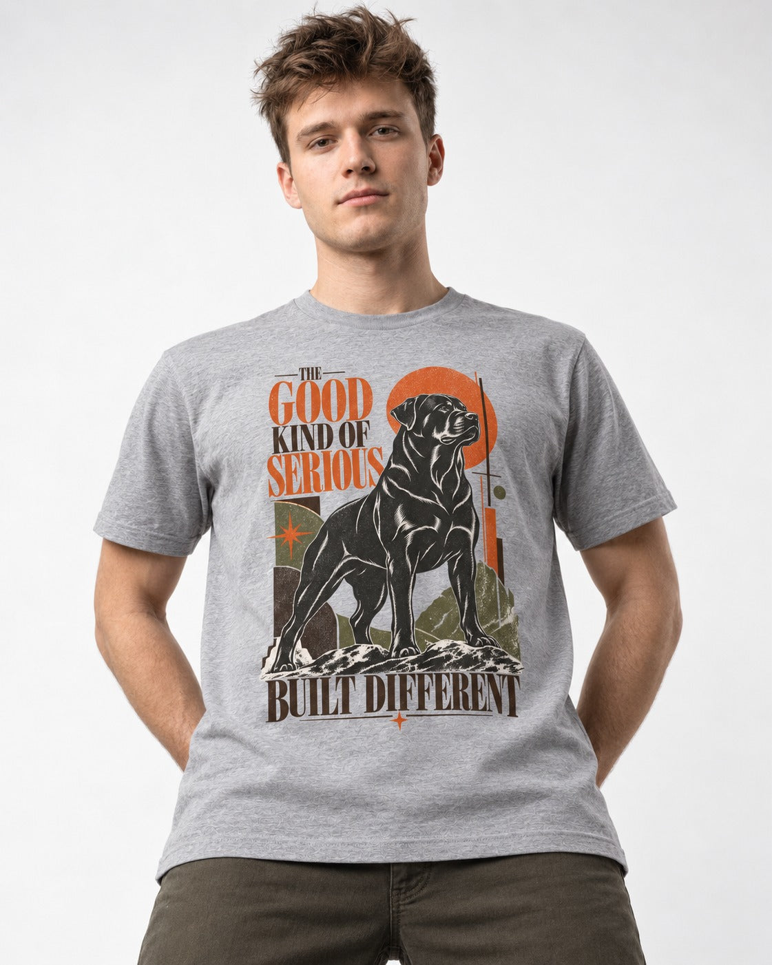 Rottweiler Built Different T-Shirt in Sport Grey, worn by a model