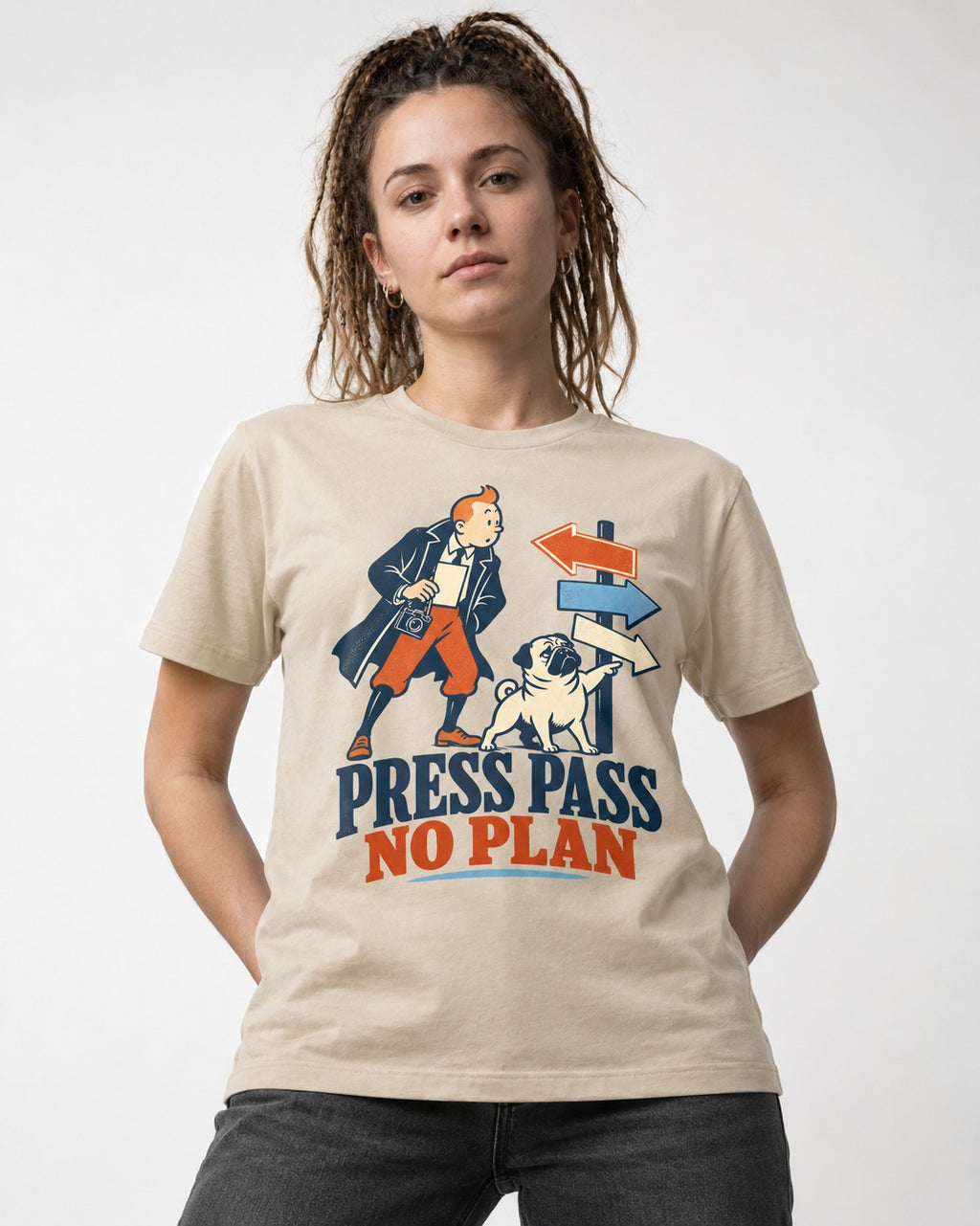 Pug Press Pass No Plan T-Shirt in Sand, worn by a model