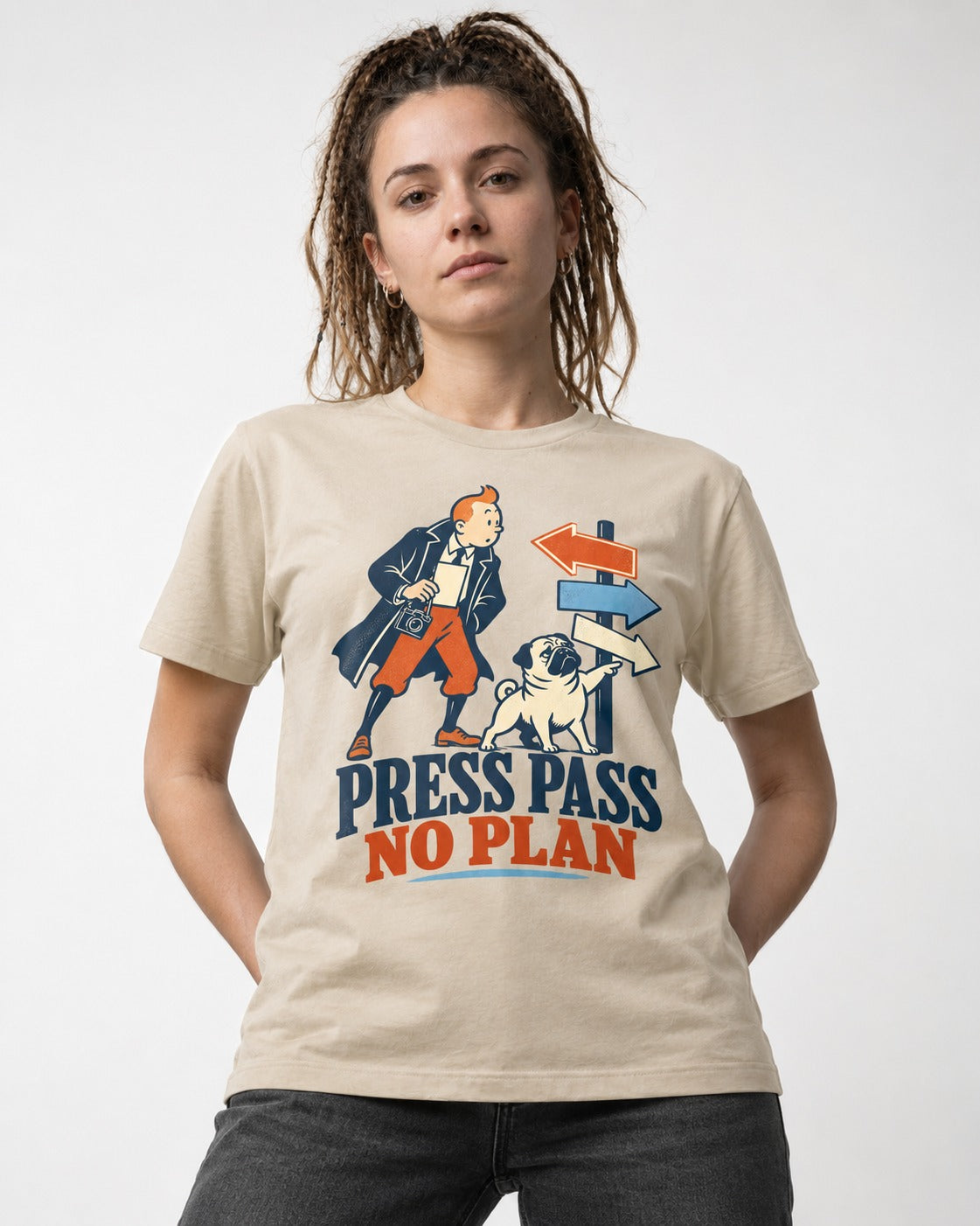 Pug Press Pass No Plan T-Shirt in Sand, worn by a model