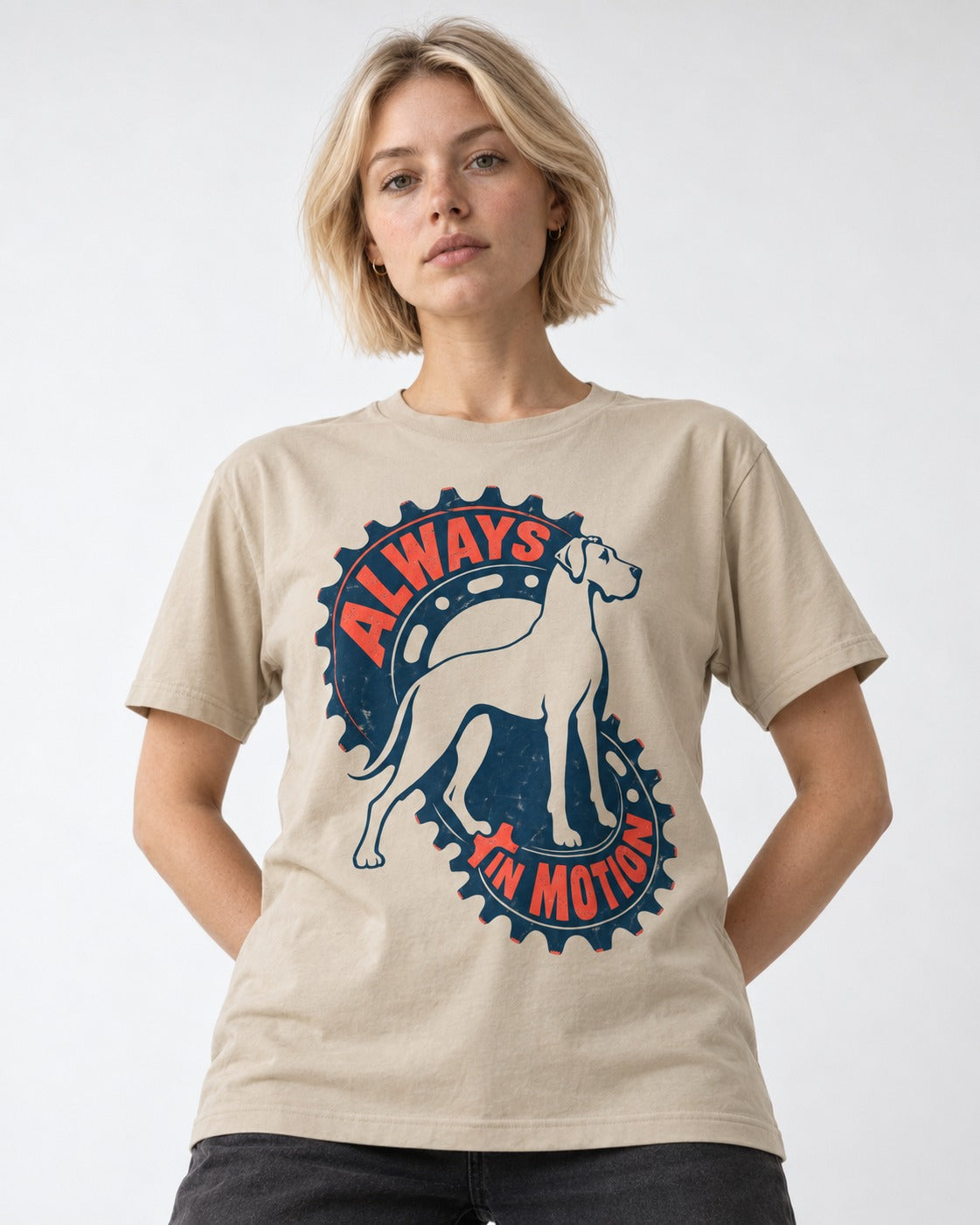 Great Dane Always in Motion T-Shirt in Sand, worn by a model