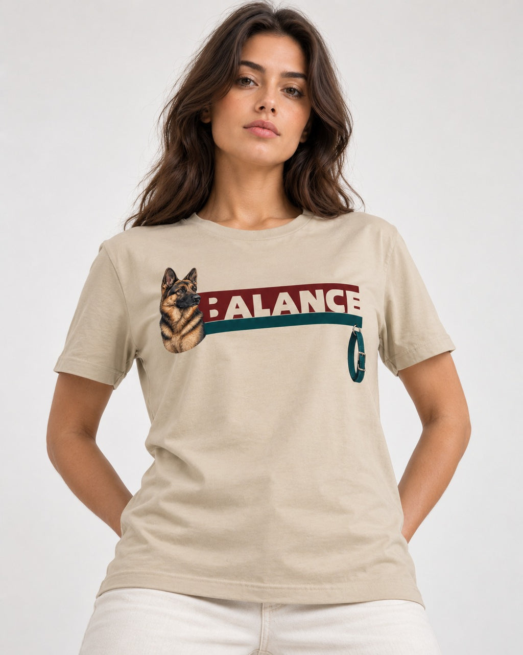 German Shepherd Dog Balance T-Shirt in Sand, worn by a model