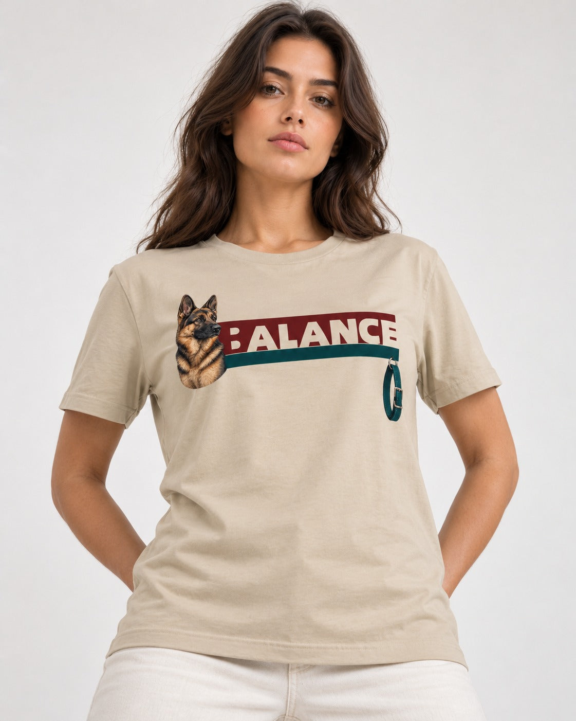 German Shepherd Dog Balance T-Shirt in Sand, worn by a model
