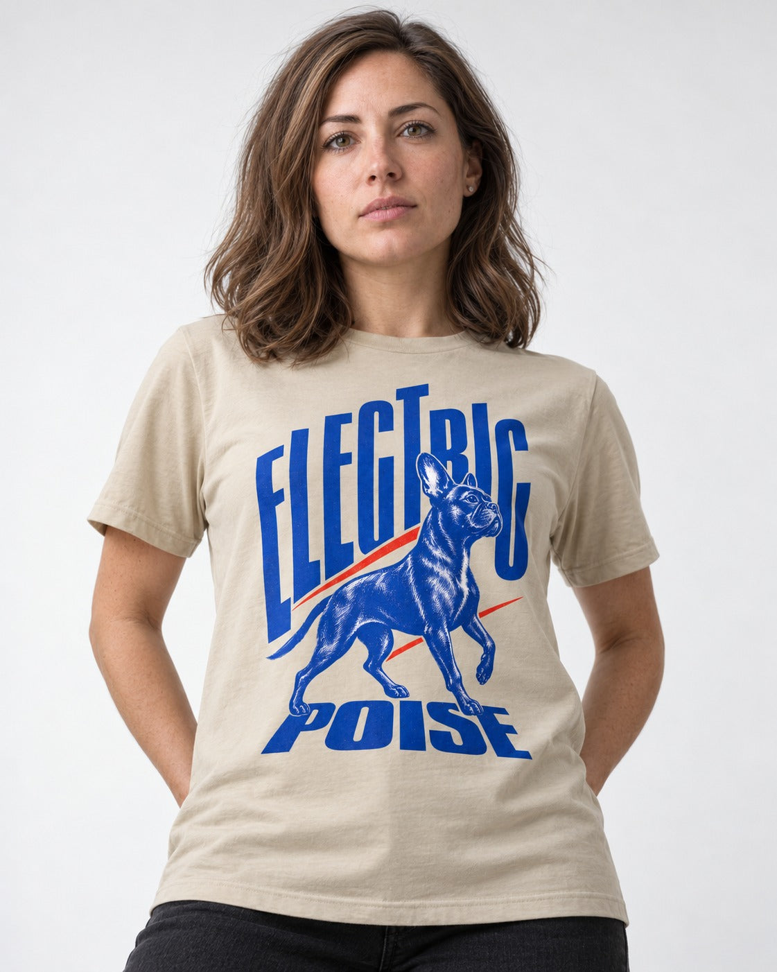 Boston Terrier Electric Poise T-Shirt in Sand, worn by a model