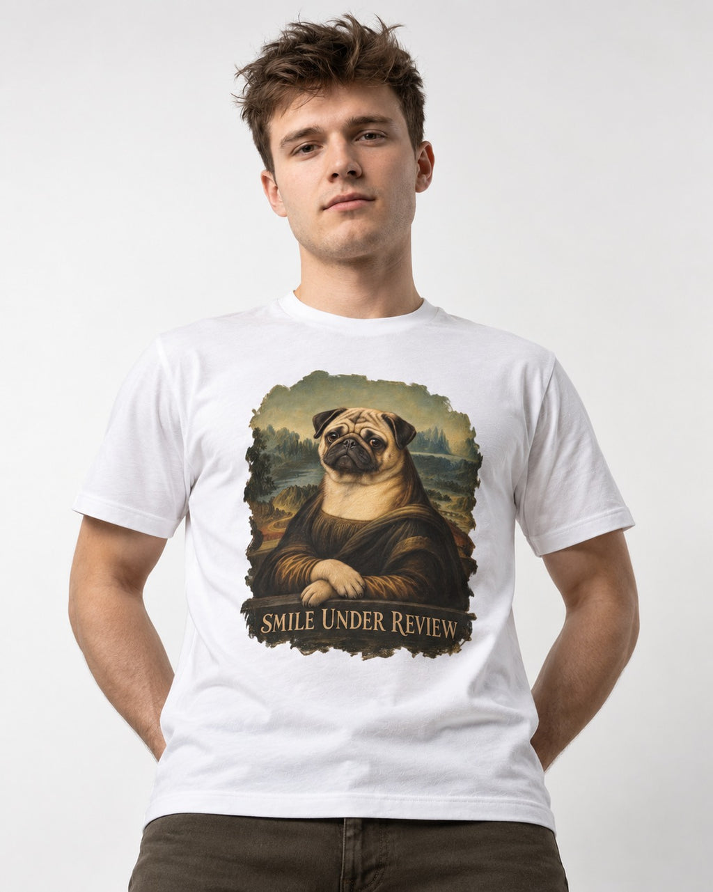 Pug Smile Under Review Mona Lisa Graphic T-Shirt in White, worn by a model