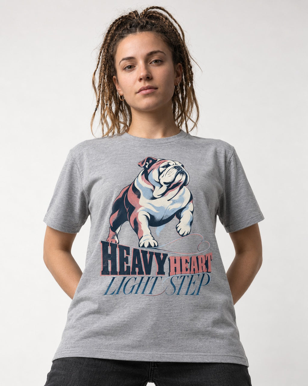 Heavy Heart Light Step English Bulldog T-Shirt in Sport Grey, worn by a model