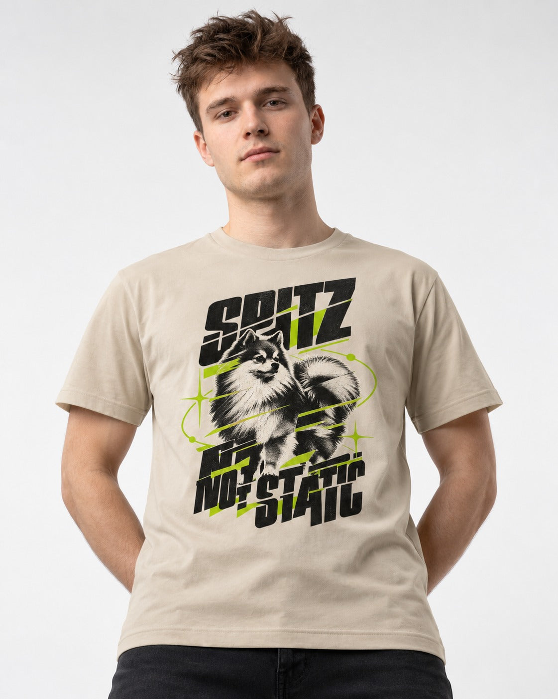 Pomeranian Not Static T-Shirt in Sand, worn by a model