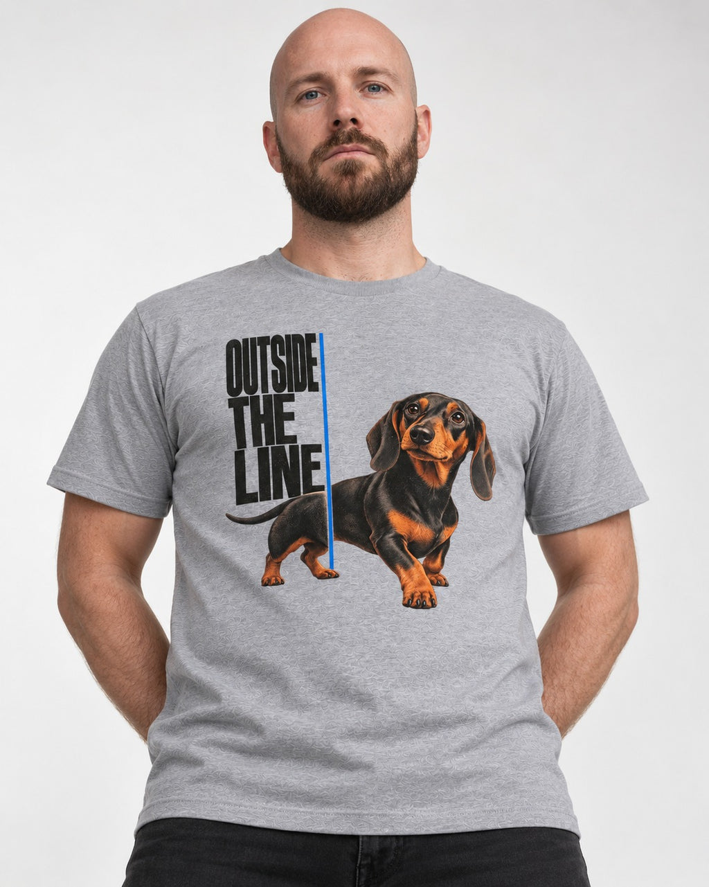 Dachshund Outside the Line T-Shirt in Sport Grey, worn by a model