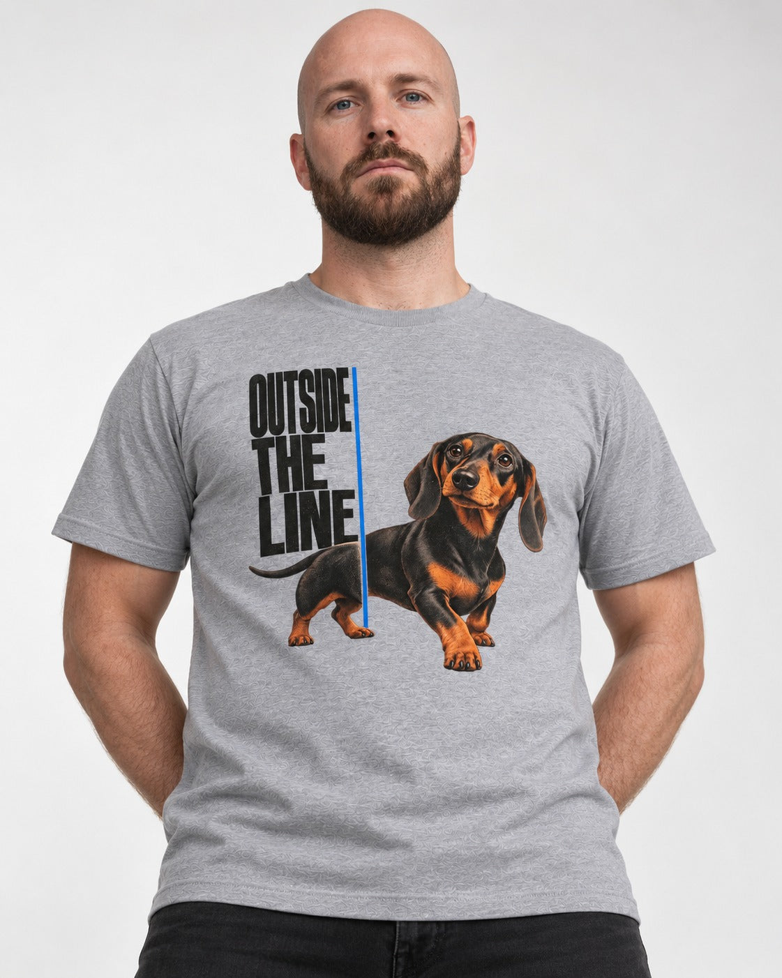 Dachshund Outside the Line T-Shirt in Sport Grey, worn by a model