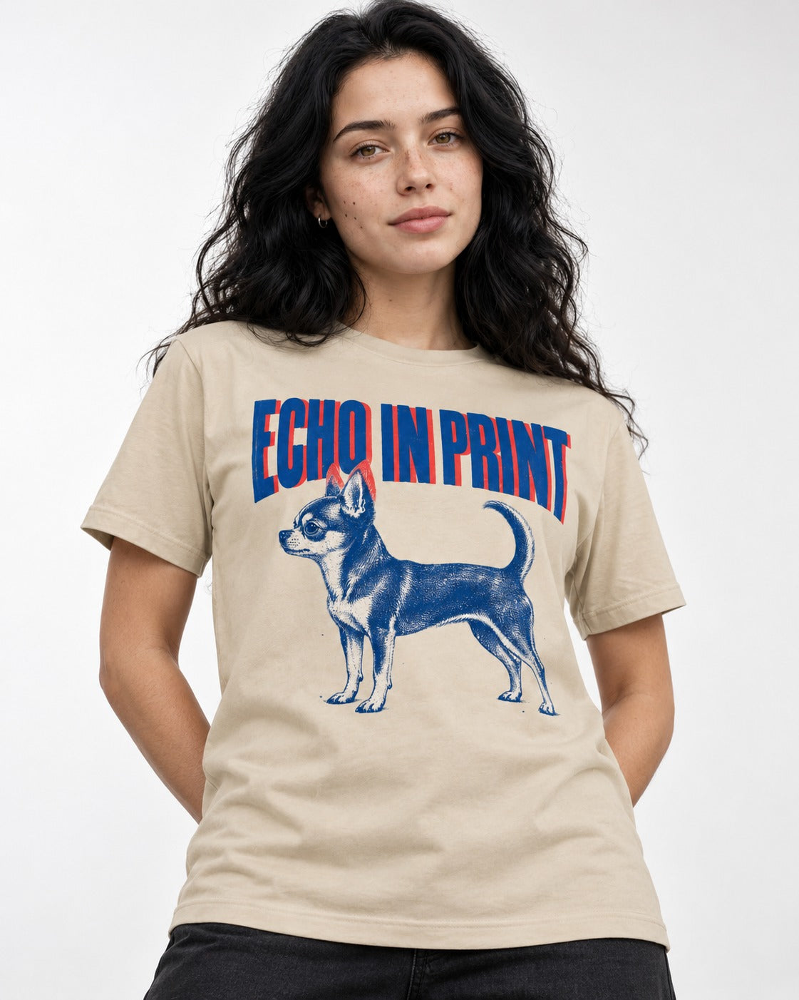 Chihuahua Echo T-Shirt in Sand, worn by a model
