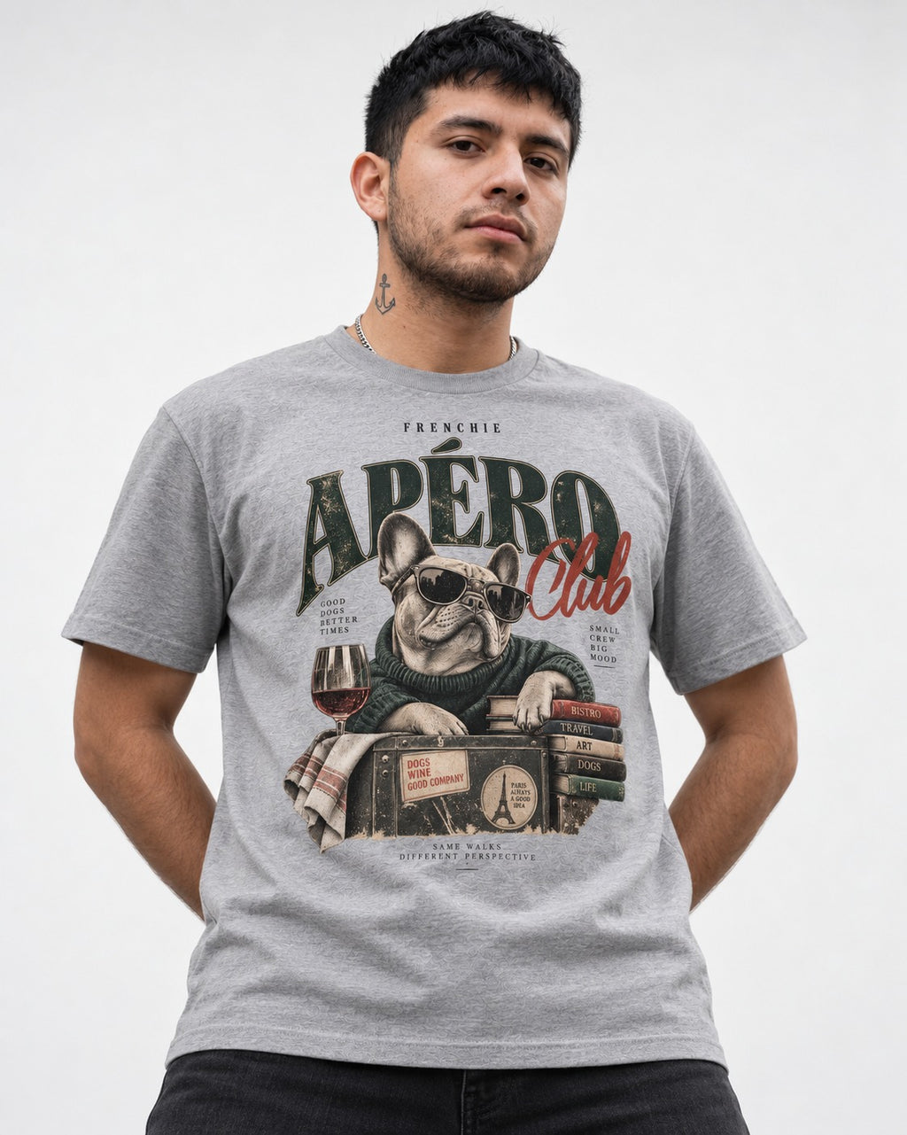 Frenchie Apero Club T-Shirt in Sport Grey, worn by a model