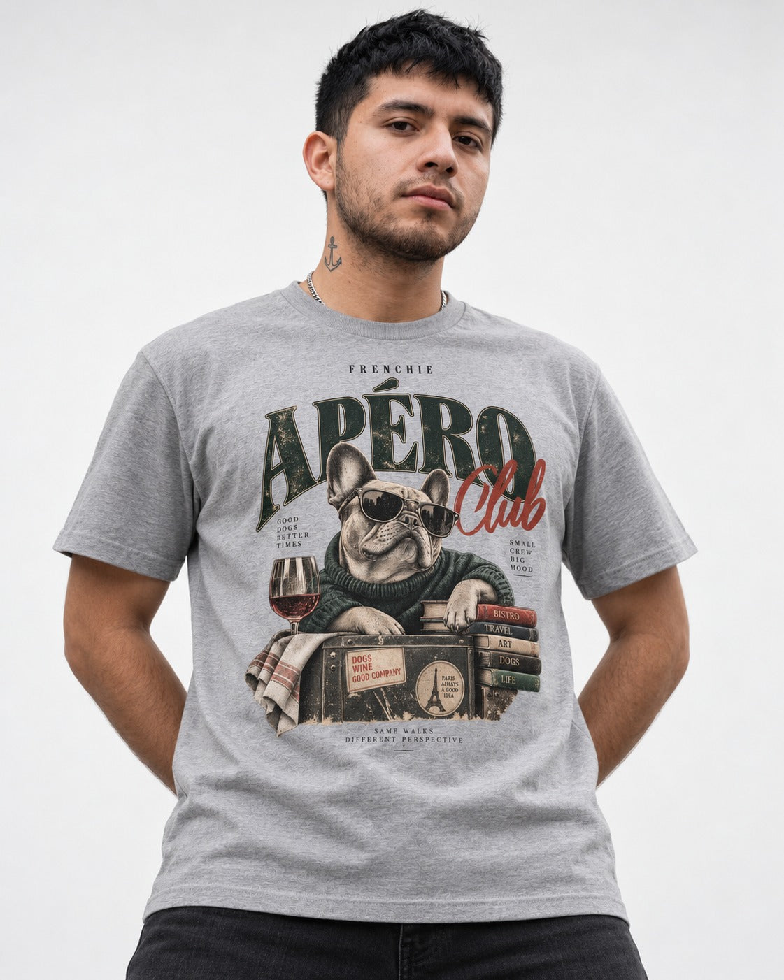 Frenchie Apero Club T-Shirt in Sport Grey, worn by a model