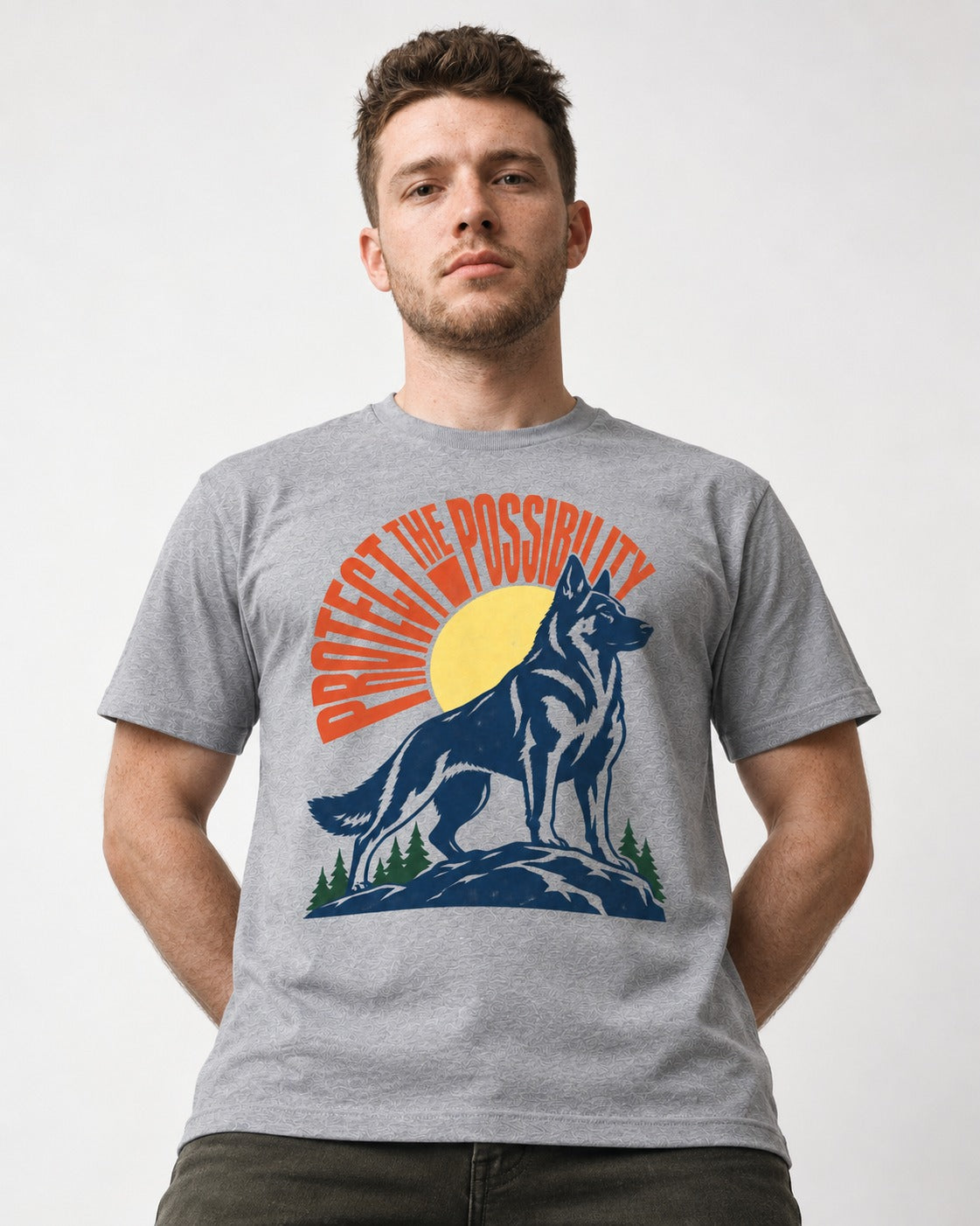 German Shepherd Dog Protect the Possibility T-Shirt in Sport Grey, worn by a model