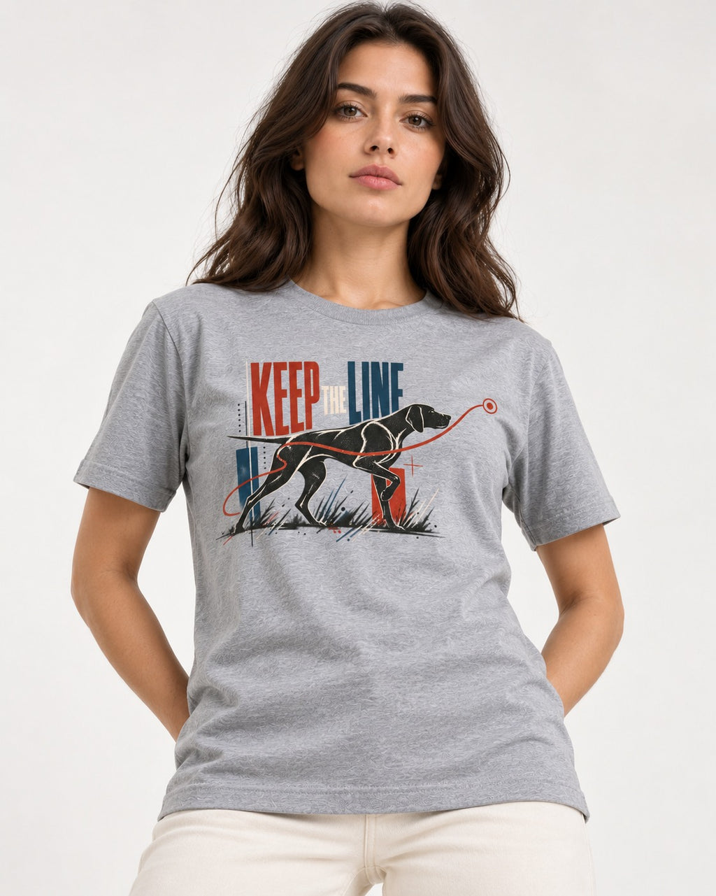Keep the Line German Shorthaired Pointer T-Shirt in Sport Grey, worn by a model