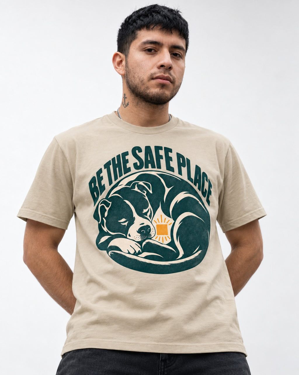 Pitbull Safe Place T-Shirt in Sand, worn by a model