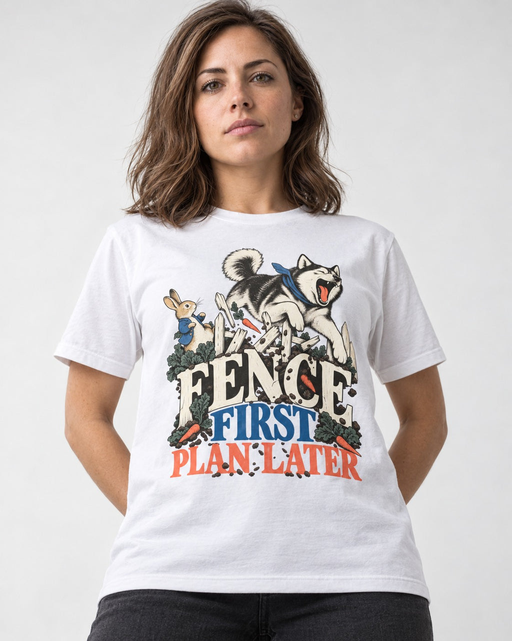 Husky Fence First Plan Later Garden Escape Graphic T-Shirt in White, worn by a model