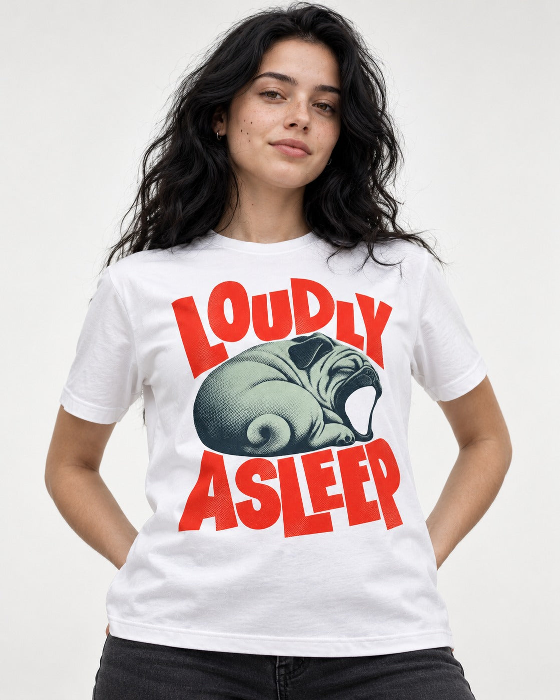 Pug Loudly Asleep Curled Yawn Graphic T-Shirt in White, worn by a model