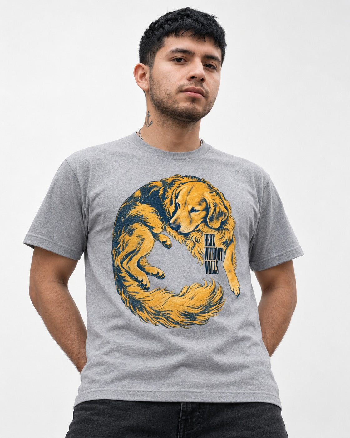 Golden Retriever Here Without Walls Curled Portrait Graphic T-Shirt in Sport Grey, worn by a model