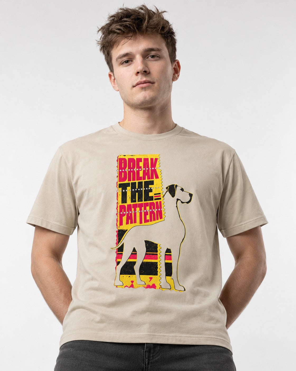 Great Dane Break the Pattern T-Shirt in Sand, worn by a model