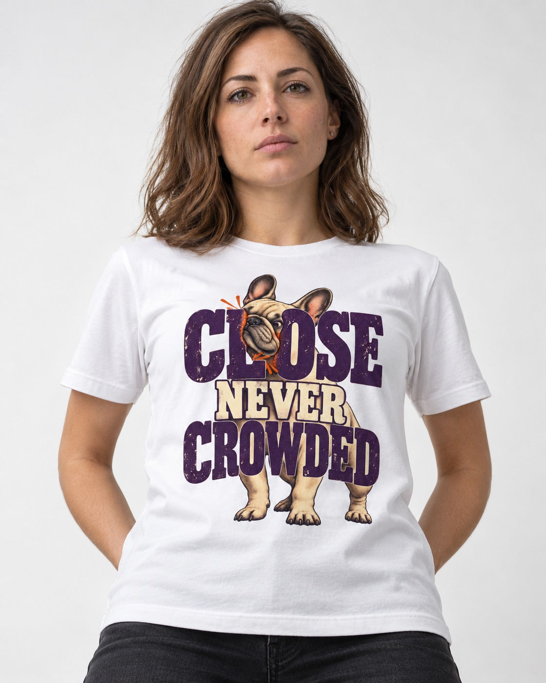 Frenchie Close Never Crowded Peekaboo Type Graphic T-Shirt in White, worn by a model