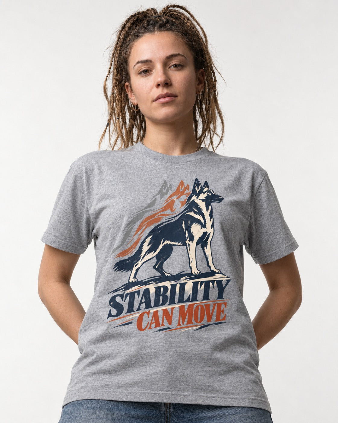Stability Can Move German Shepherd Dog T-Shirt in Sport Grey, worn by a model