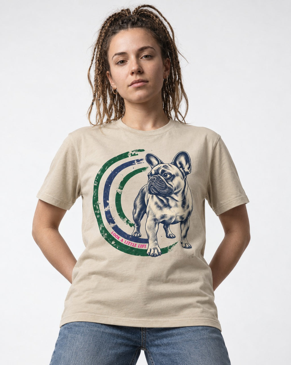 Frenchie Look a Little Left Orbit Graphic T-Shirt in Sand, worn by a model