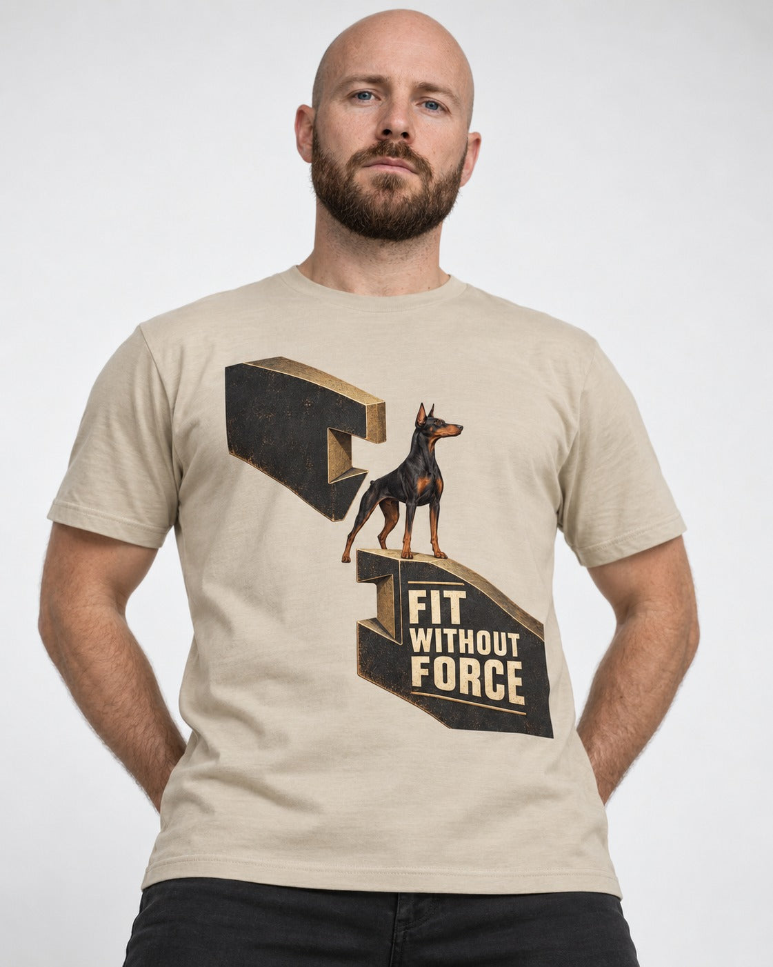 Doberman Fit Without Force T-Shirt in Sand, worn by a model
