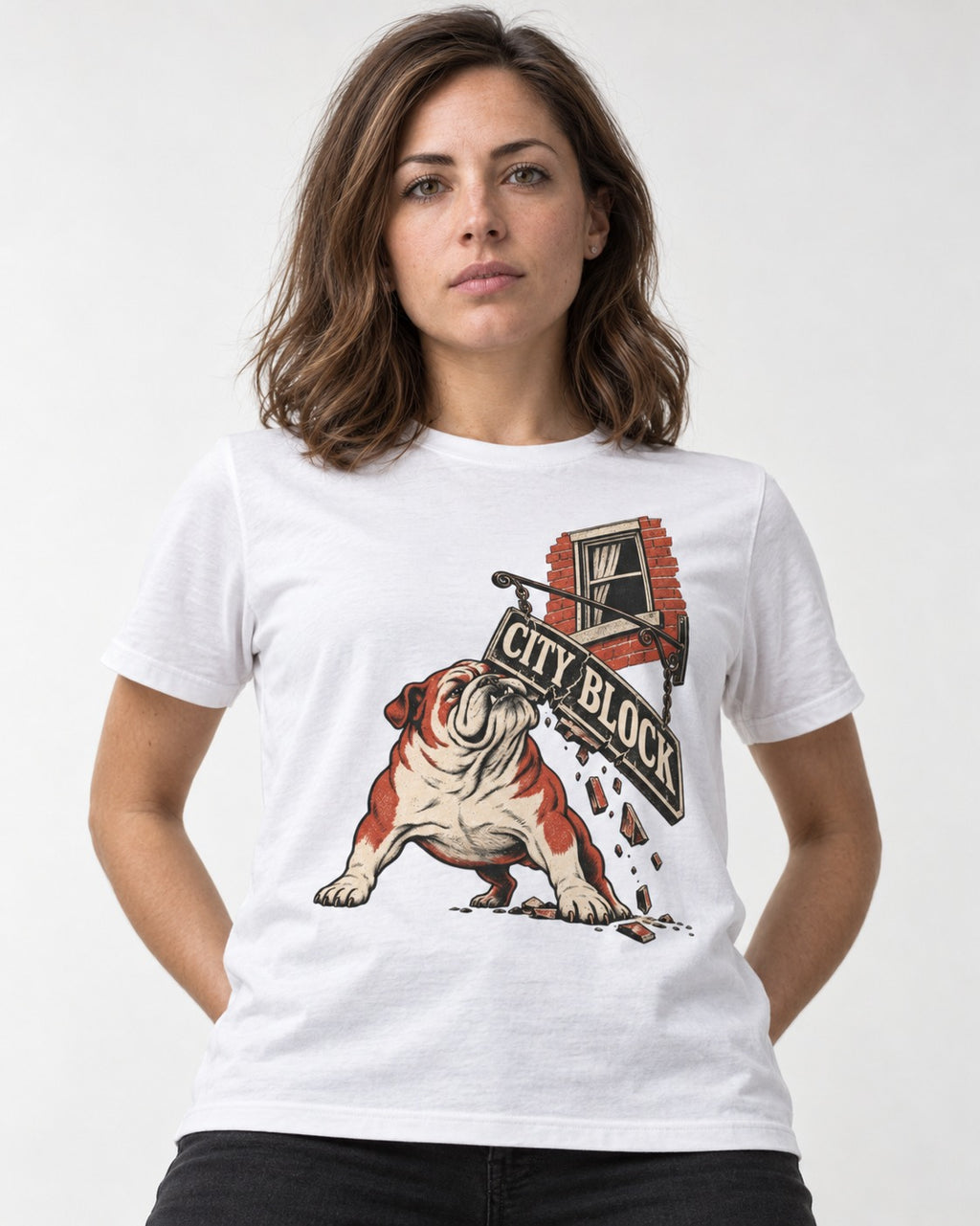 English Bulldog City Block Breaking Sign Graphic T-Shirt in White, worn by a model