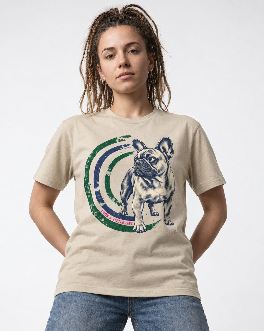 Frenchie Look a Little Left Orbit Graphic T-Shirt in Sand, worn by a model