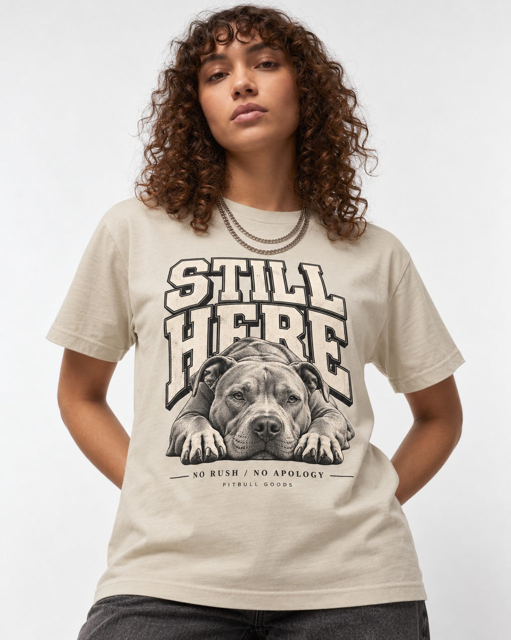 Still Here Pitbull T-Shirt in Sand, worn by a model