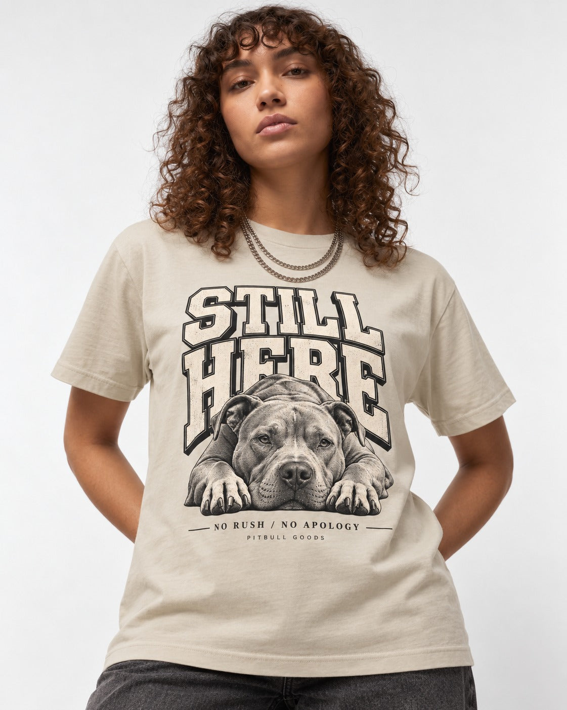 Still Here Pitbull T-Shirt in Sand, worn by a model