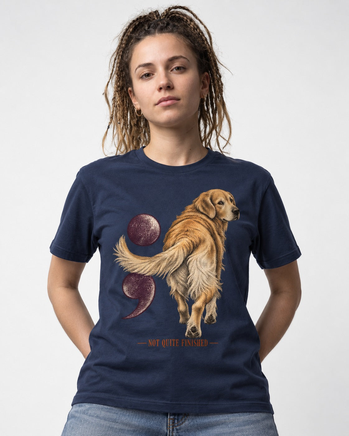 Golden Retriever Not Quite Finished Semicolon Graphic T-Shirt in Navy, worn by a model