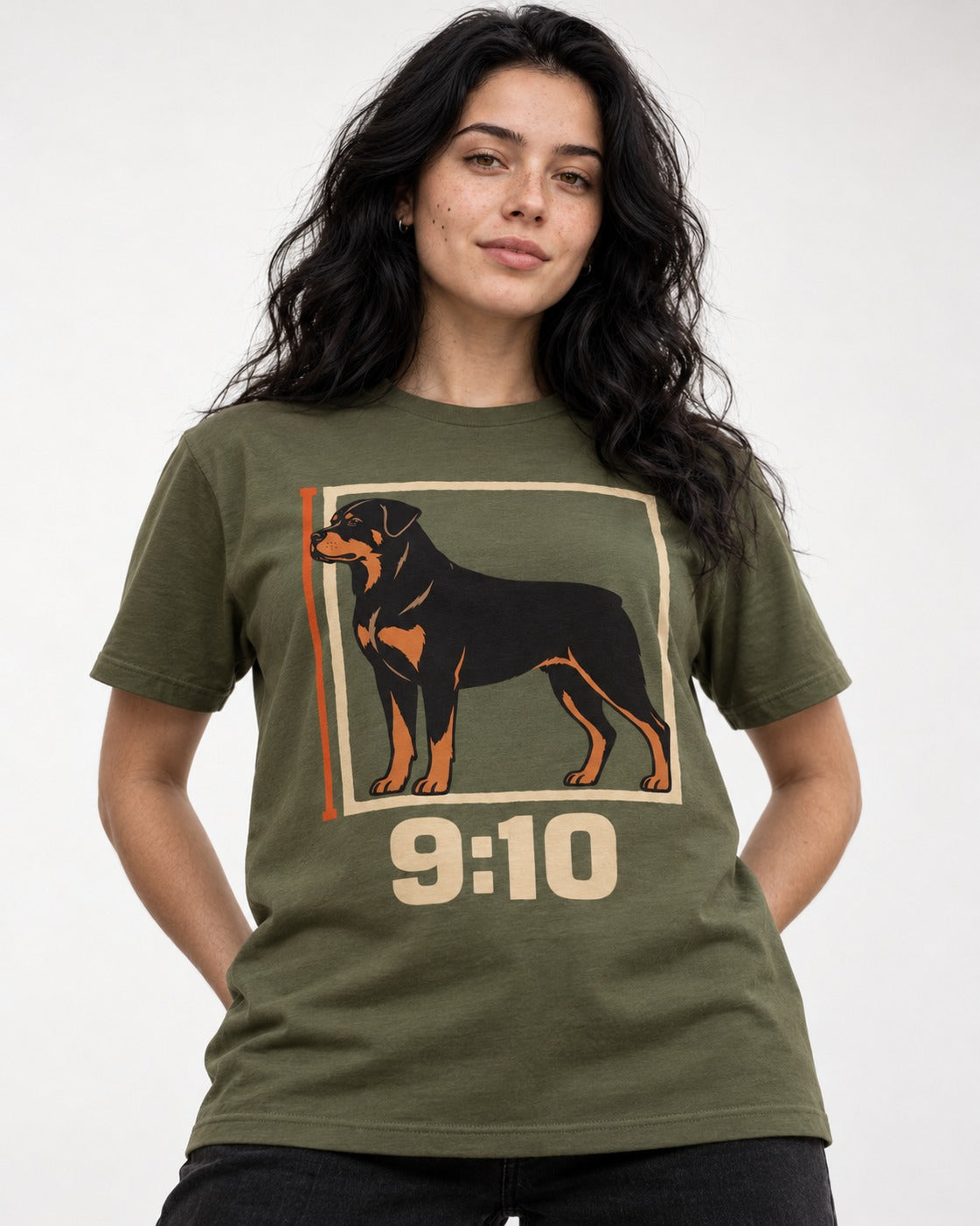Nine Ten Rottweiler Proportion Frame Graphic T-Shirt in Heather Military Green, worn by a model