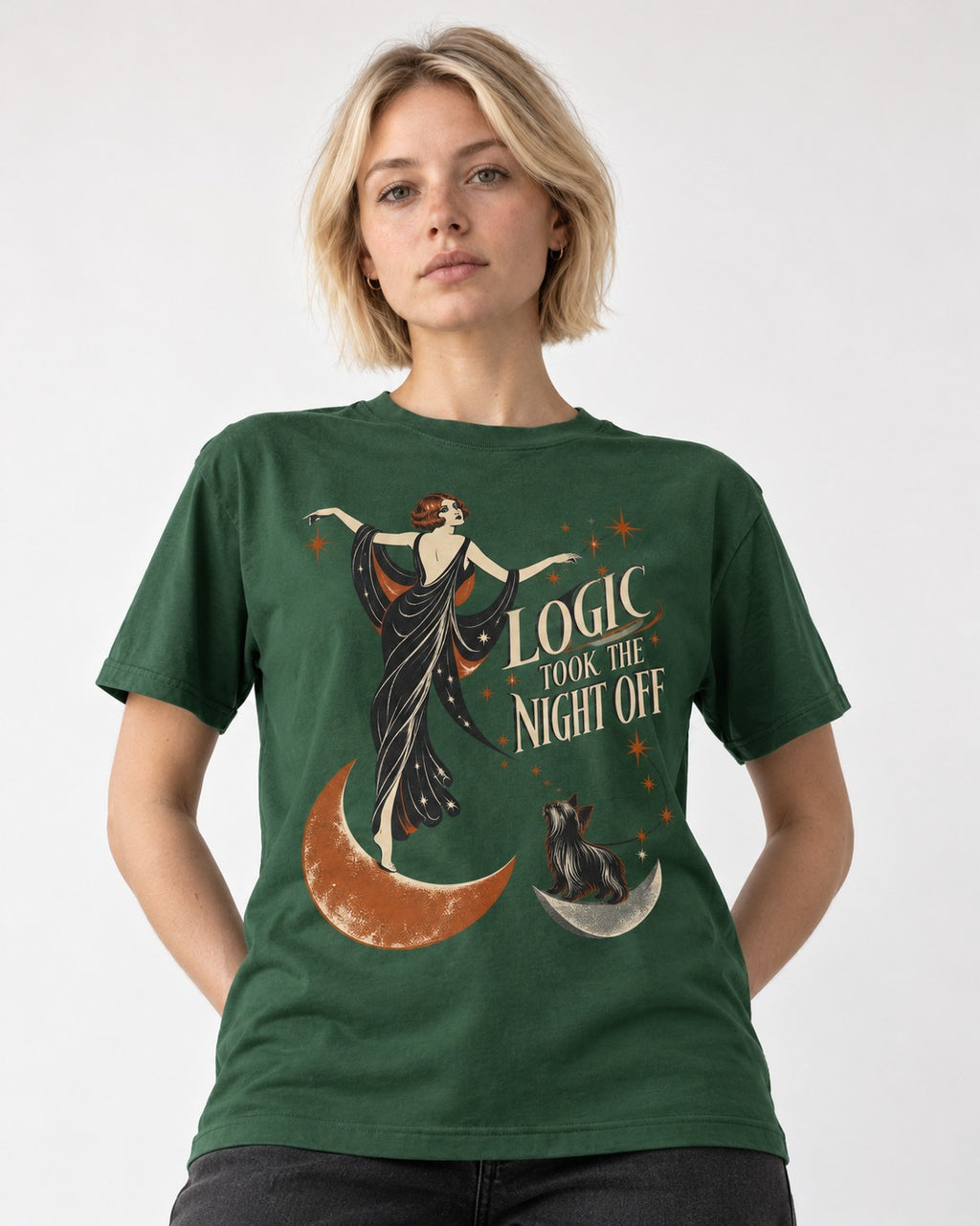 Yorkshire Terrier Logic Took the Night Off Art Deco Graphic T-Shirt in Forest Green, worn by a model