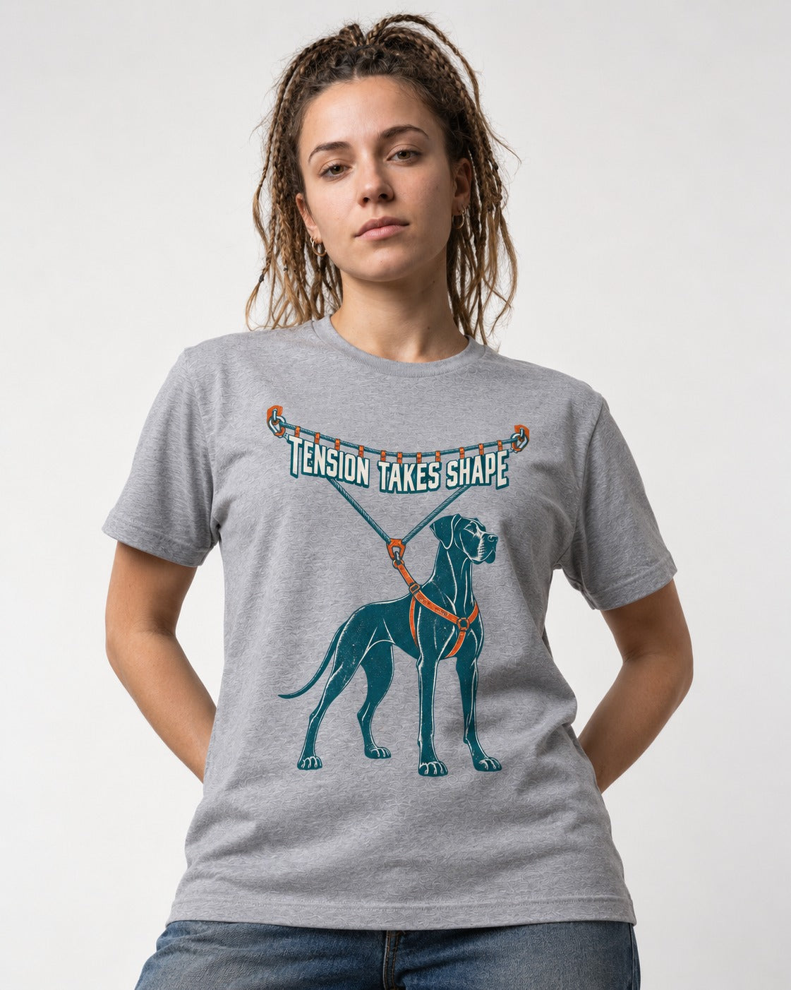 Great Dane Tension Takes Shape T-Shirt in Sport Grey, worn by a model