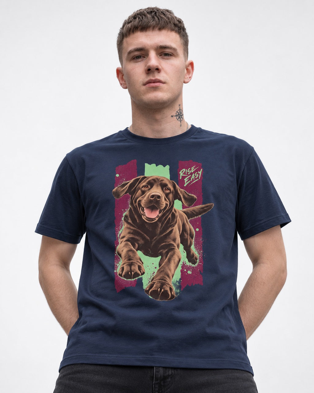 Labrador Retriever Rise Easy Running Chocolate Lab Graphic T-Shirt in Navy, worn by a model