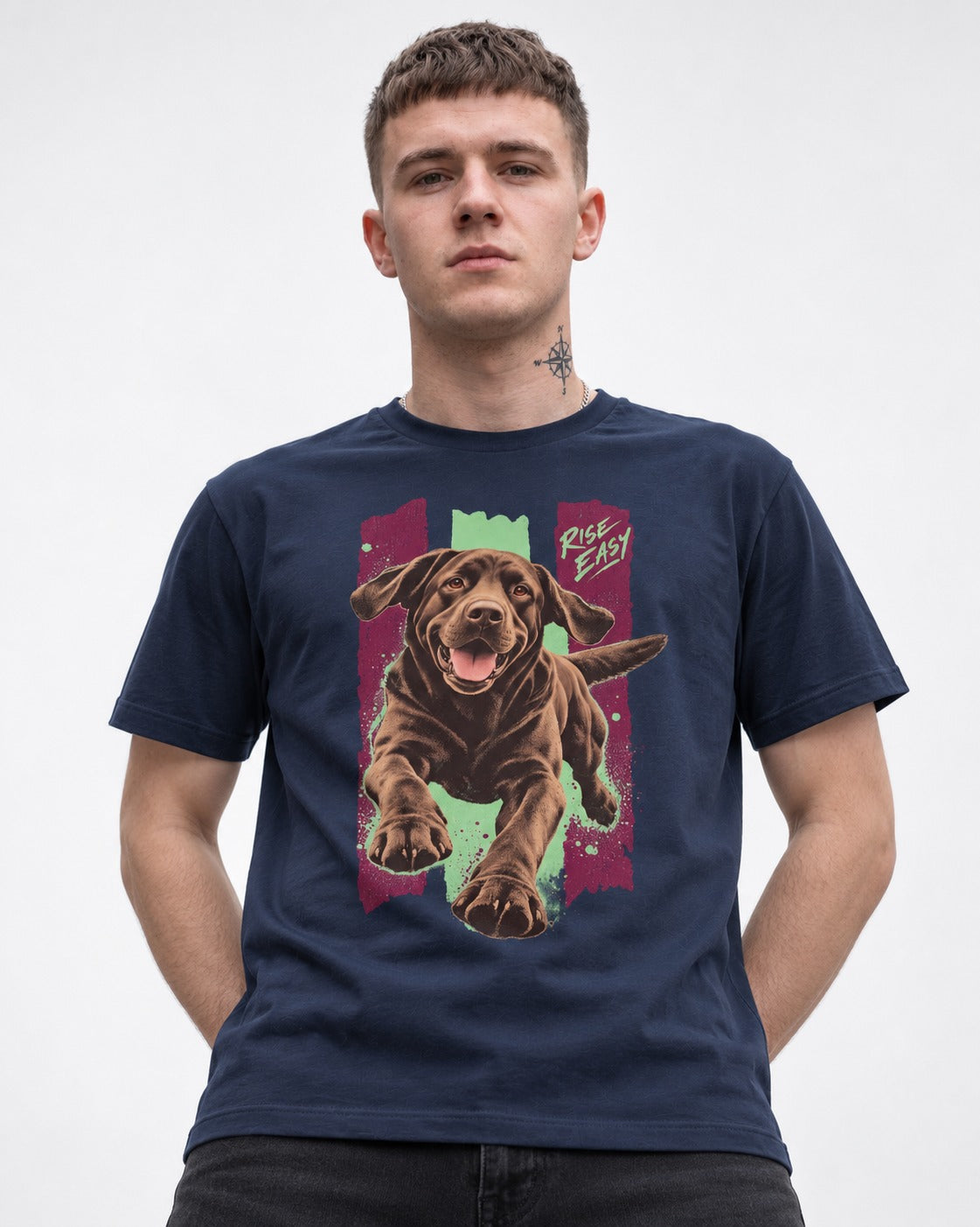 Labrador Retriever Rise Easy Running Chocolate Lab Graphic T-Shirt in Navy, worn by a model
