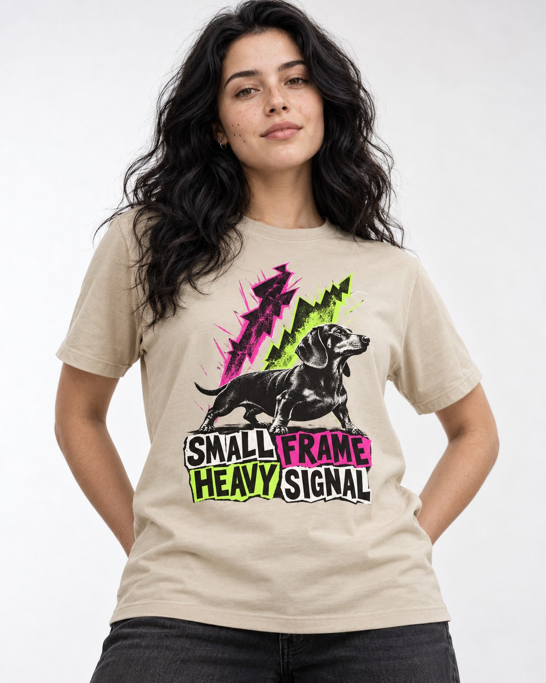 Dachshund Small Frame Heavy Signal T-Shirt in Sand, worn by a model