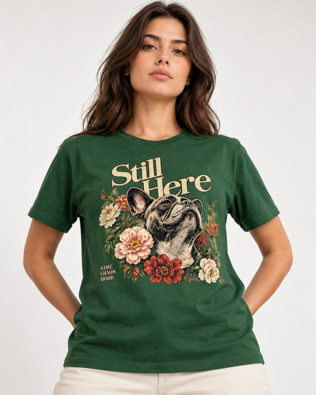 Frenchie Still Here Floral Portrait Graphic T-Shirt in Forest Green, worn by a model