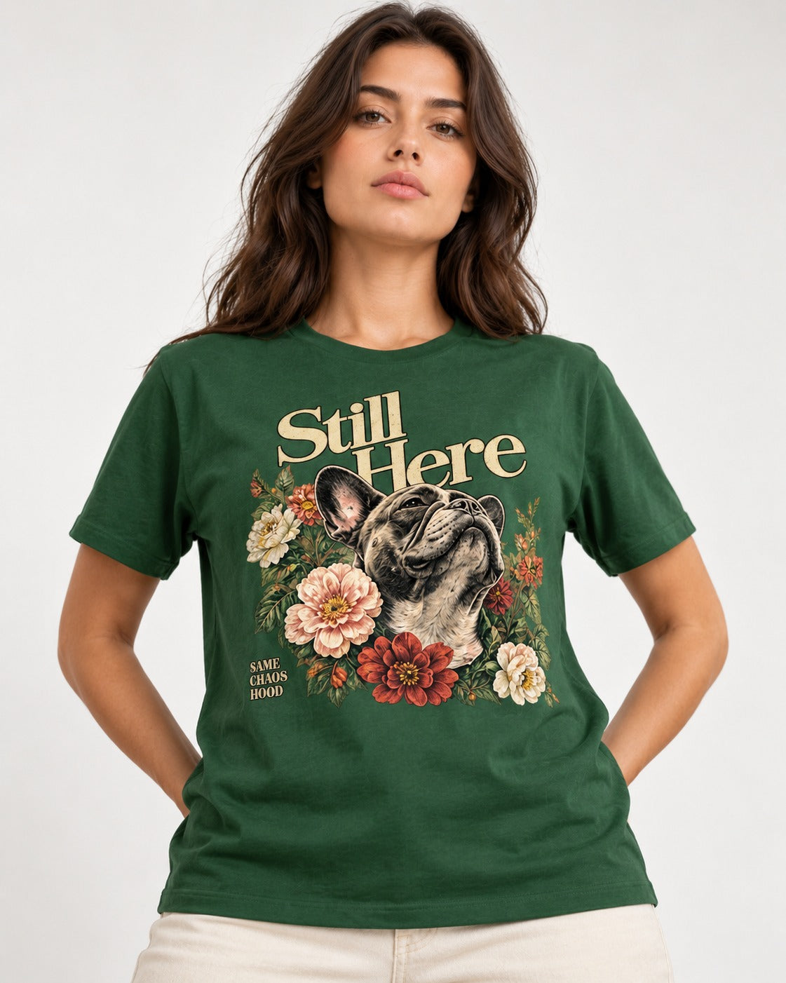 Frenchie Still Here Floral Portrait Graphic T-Shirt in Forest Green, worn by a model