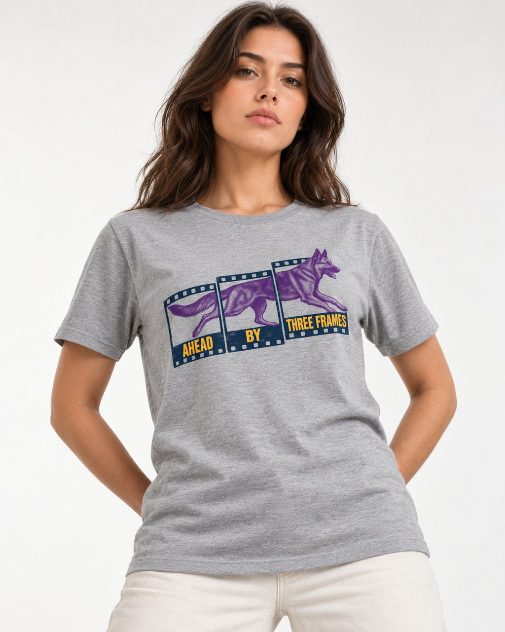 German Shepherd Dog Ahead by Three Frames T-Shirt in Sport Grey, worn by a model