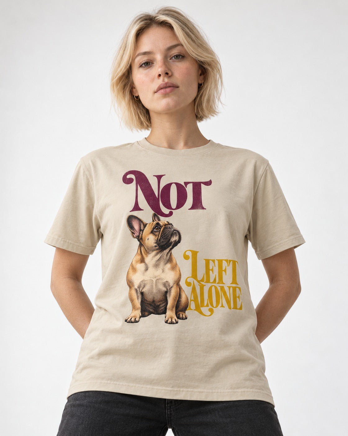 Frenchie Not Left Alone T-Shirt in Sand, worn by a model