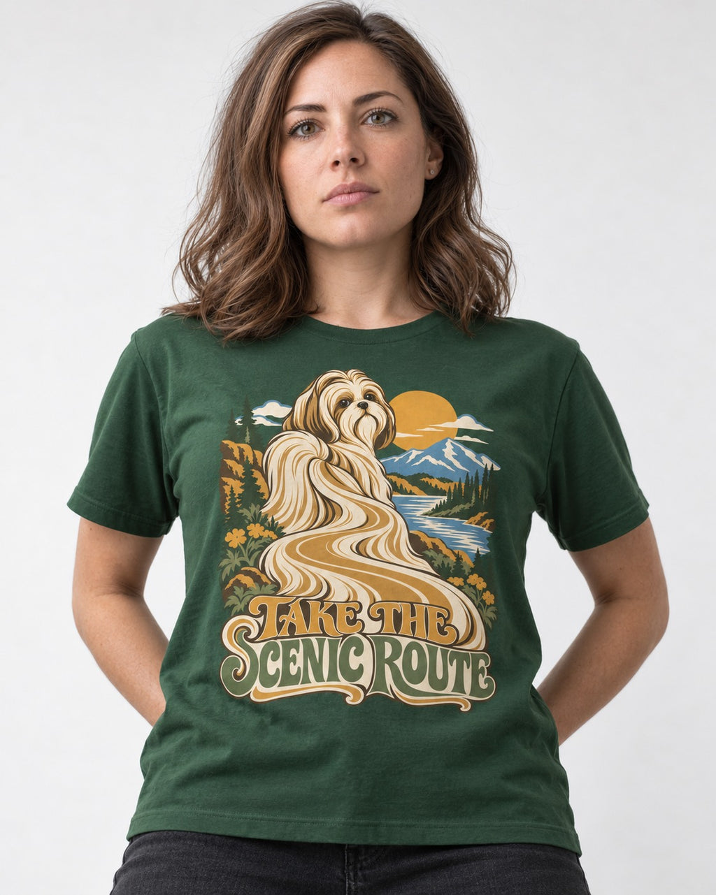 Shih Tzu Take the Scenic Route Mountain Vista Graphic T-Shirt in Forest Green, worn by a model