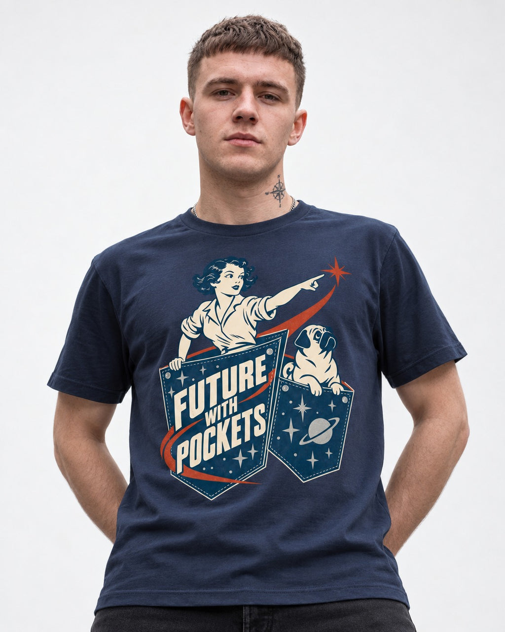 Pug Future with Pockets Space Pocket Graphic T-Shirt in Navy, worn by a model