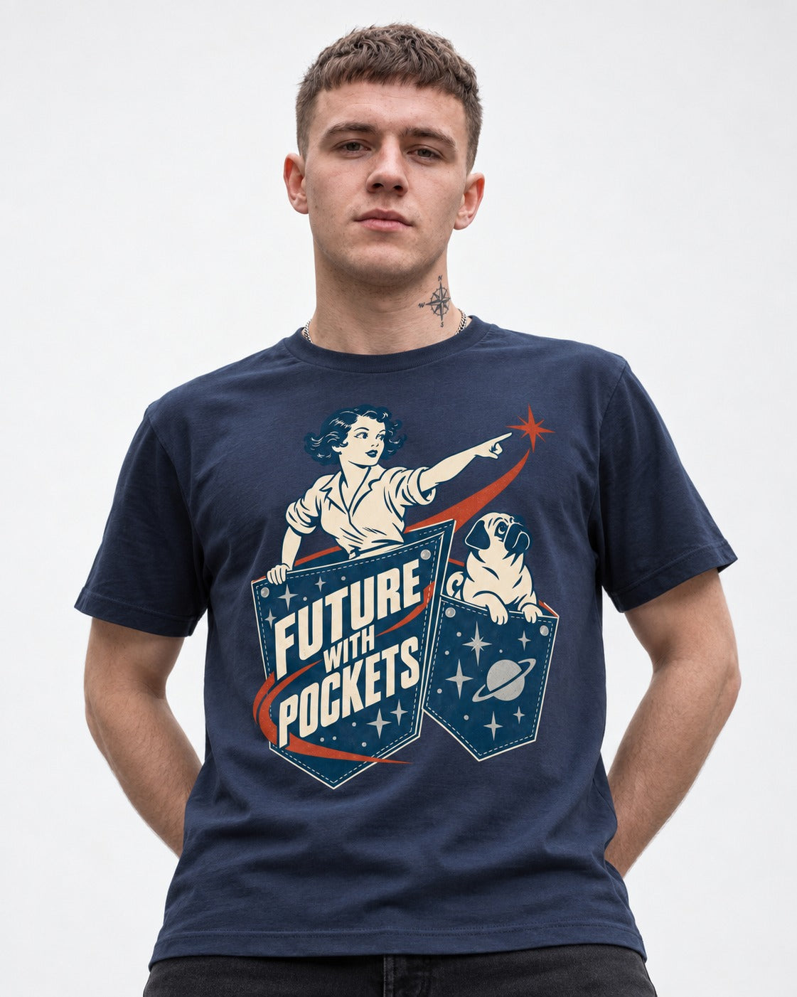 Pug Future with Pockets Space Pocket Graphic T-Shirt in Navy, worn by a model
