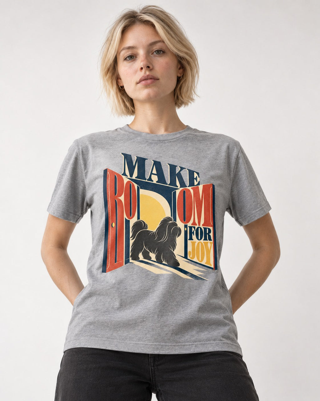 Shih Tzu Make Room for Joy Doorway Graphic T-Shirt in Sport Grey, worn by a model