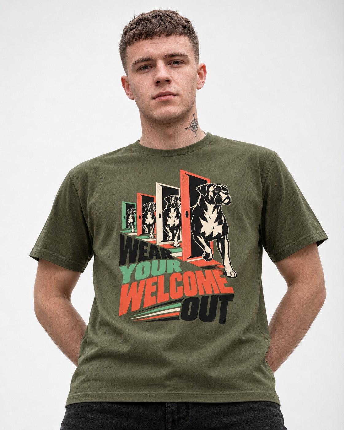 Wear Your Welcome Out Boxer Doorway Progression Graphic T-Shirt in Heather Military Green, worn by a model