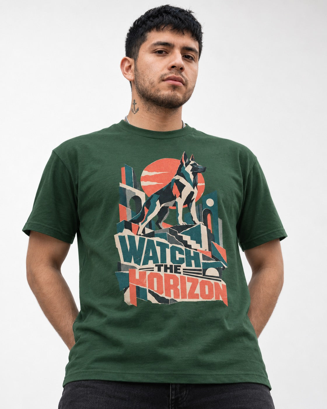 Watch The Horizon Cut Paper Cityscape German Shepherd Dog Graphic T-Shirt in Forest Green, worn by a model