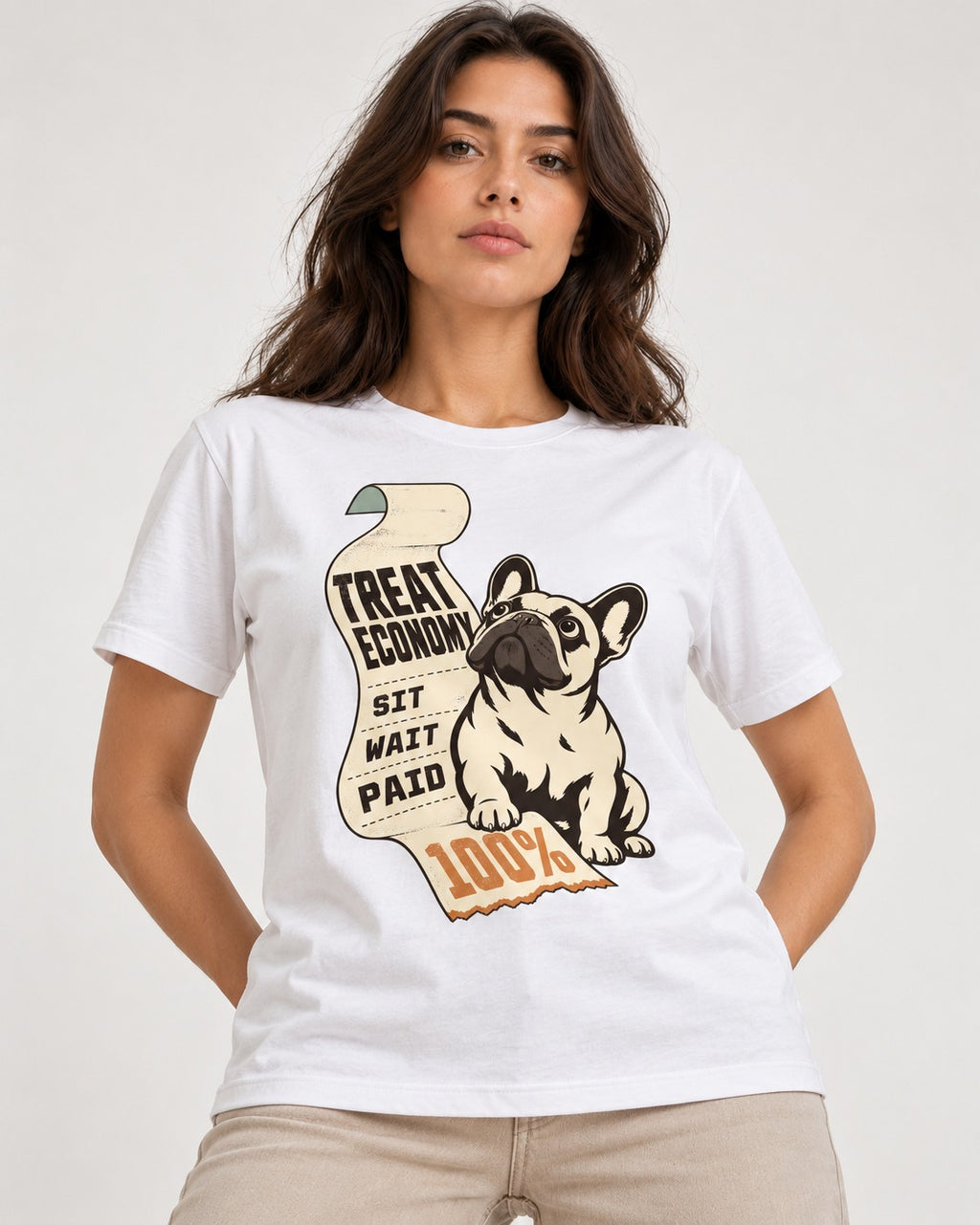 Frenchie Treat Economy Sit Wait Paid Receipt Graphic T-Shirt in White, worn by a model
