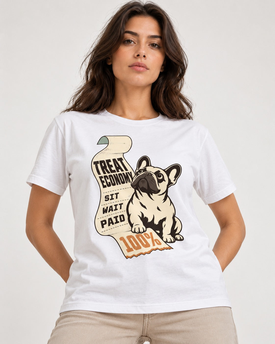 Frenchie Treat Economy Sit Wait Paid Receipt Graphic T-Shirt in White, worn by a model